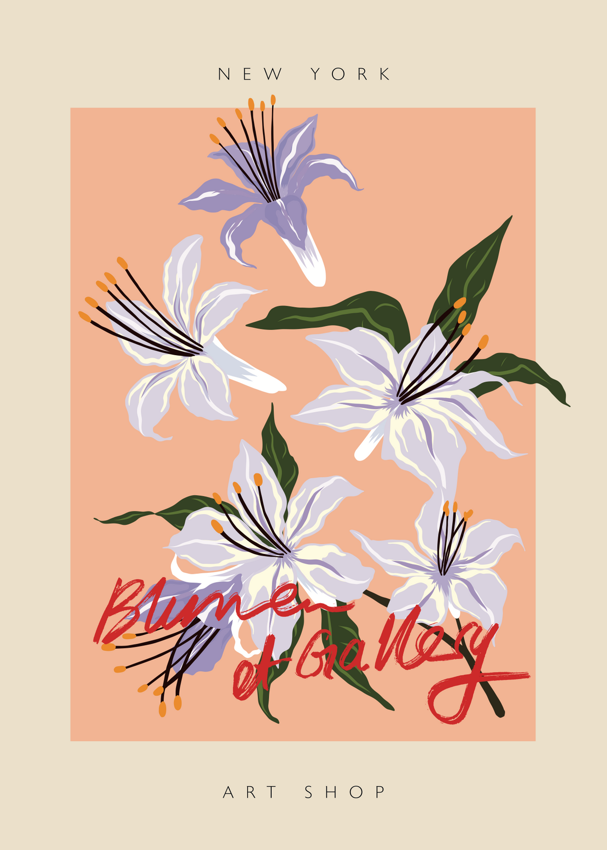 New York Blume et Gallery Poster | Şeftali Zeminli Lila Çiçek Baskı