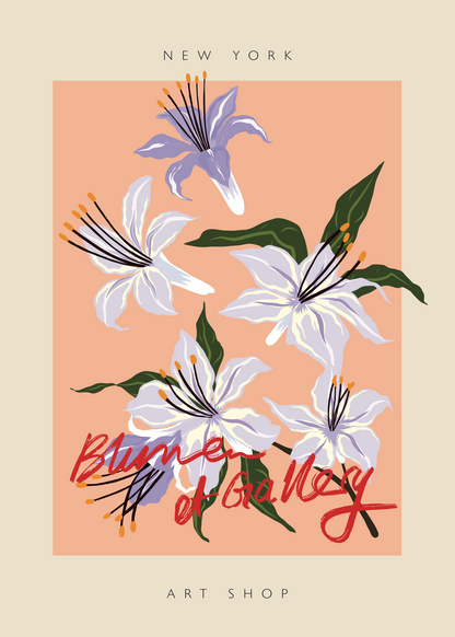New York Blume et Gallery Poster | Şeftali Zeminli Lila Çiçek Baskı