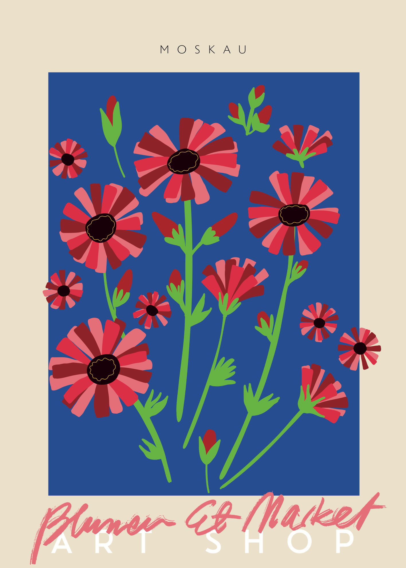 Moskau Blumen Et Market Poster | Mavi Zeminli Kırmızı Çiçek İllüstrasyonu