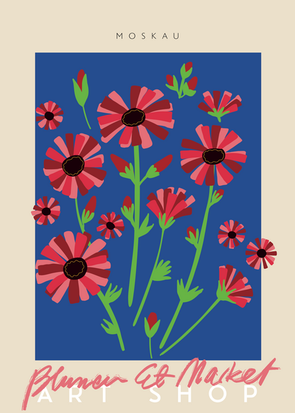 Moskau Blumen Et Market Poster | Mavi Zeminli Kırmızı Çiçek İllüstrasyonu