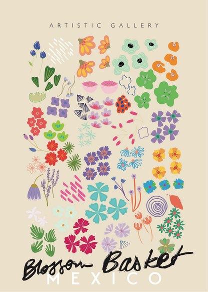 "Blossom Basket – Mexico" Çiçek İllüstrasyon Poster