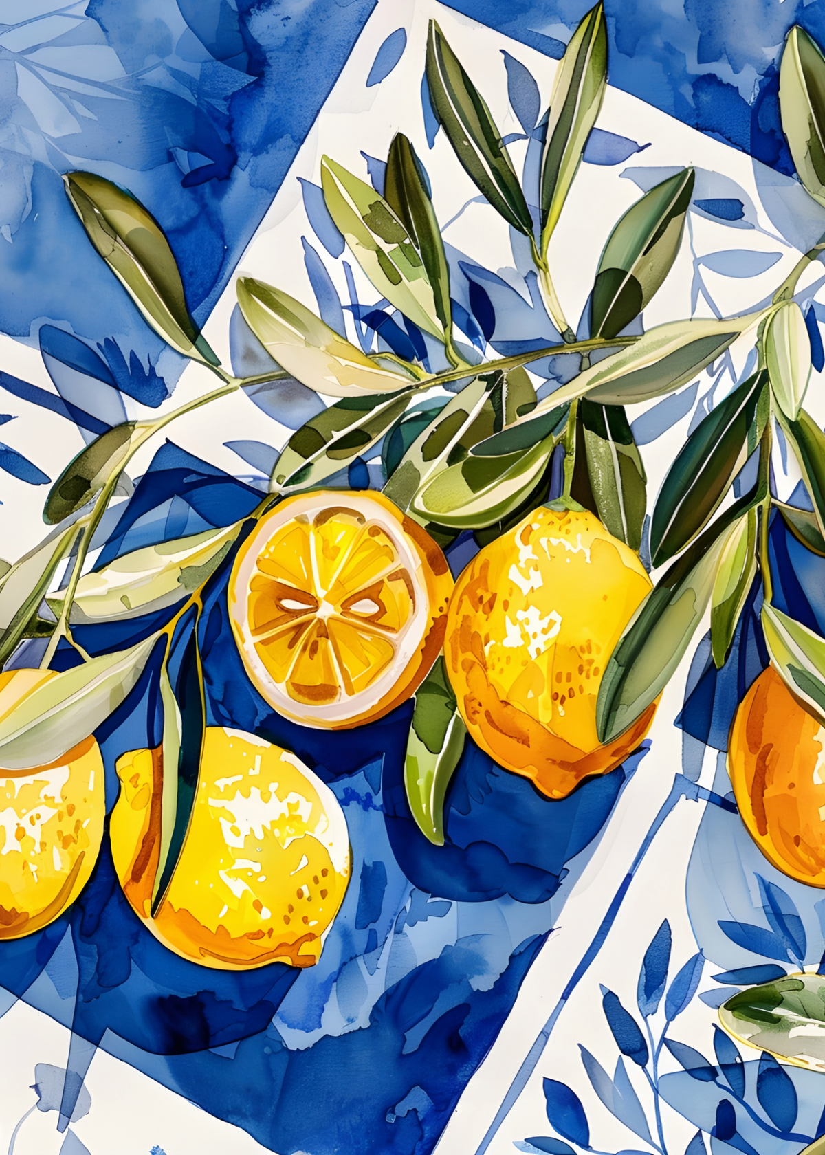 Sicilya Limonları – Mavi Zemin Üzerinde Suluboya Poster Baskı
