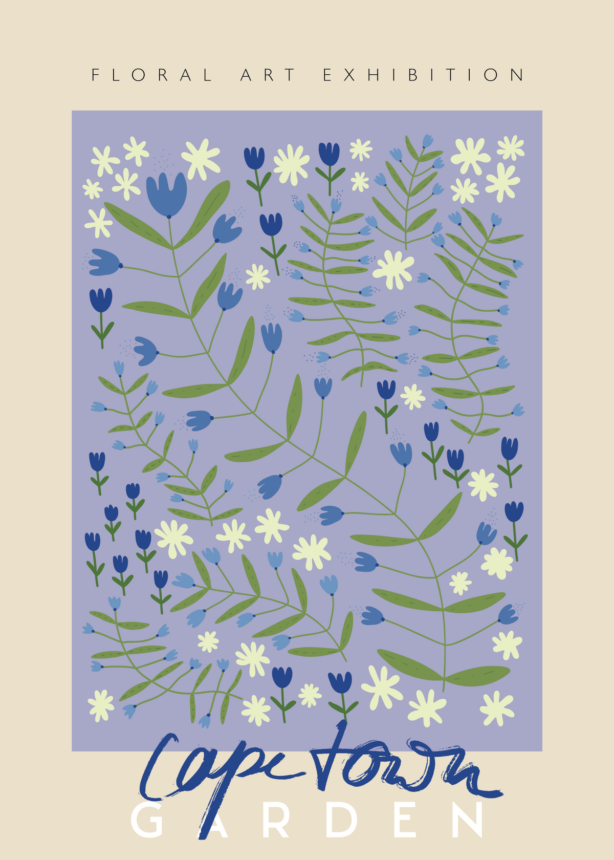 Capetown Garden Poster | Lavanta Zeminli Mavi Beyaz Çiçek İllüstrasyonu