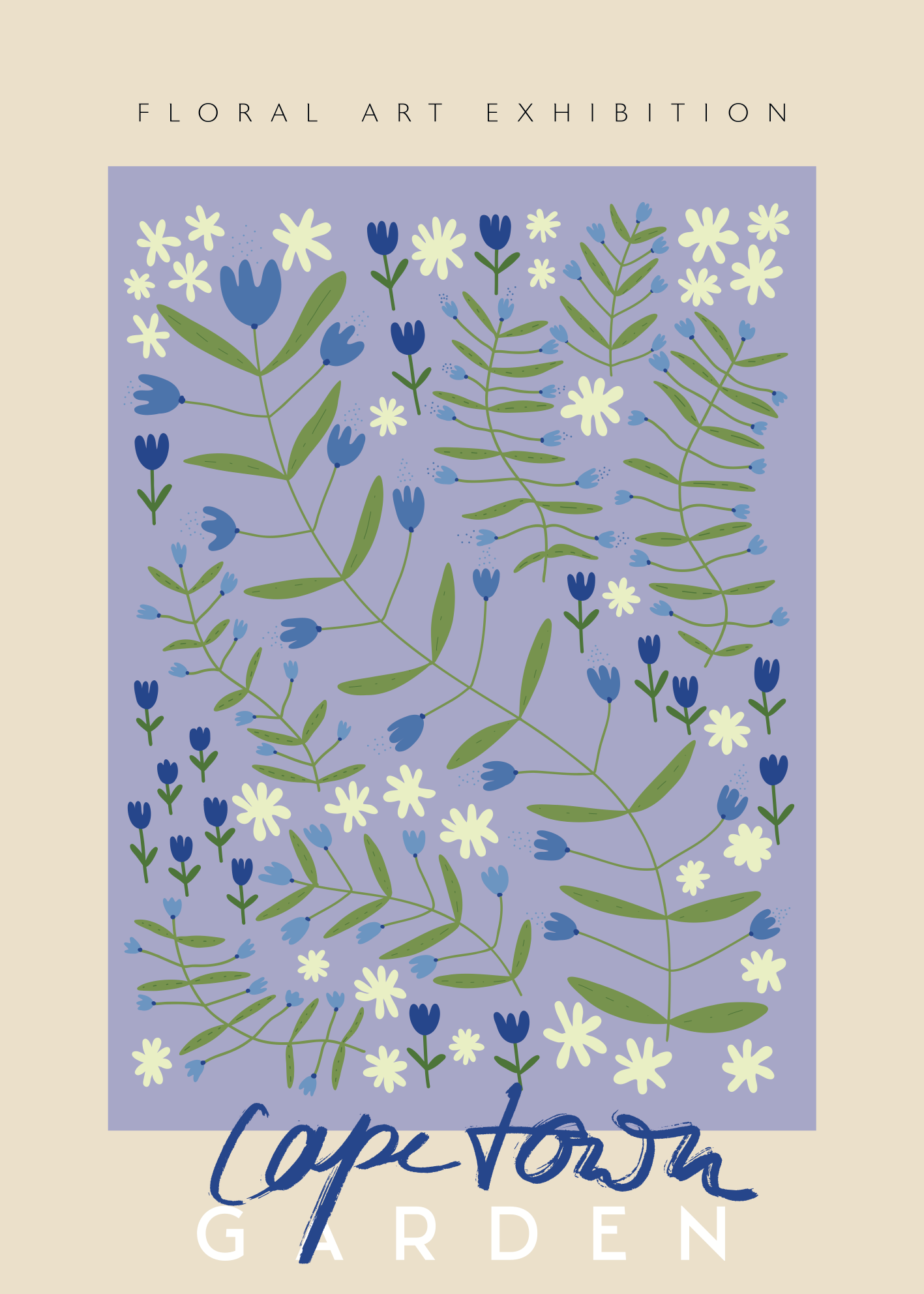 Capetown Garden Poster | Lavanta Zeminli Mavi Beyaz Çiçek İllüstrasyonu
