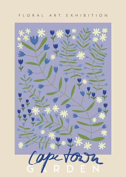Capetown Garden Poster | Lavanta Zeminli Mavi Beyaz Çiçek İllüstrasyonu