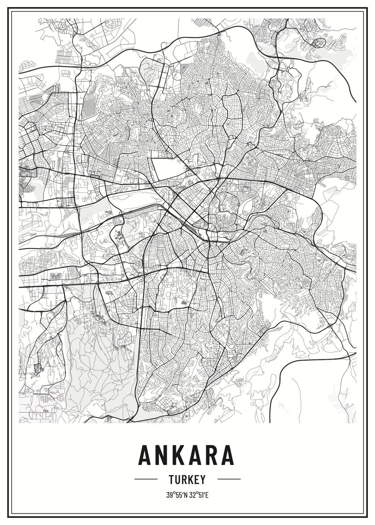 Ankara Şehir Haritası Posteri – Siyah Beyaz Minimal Tasarım