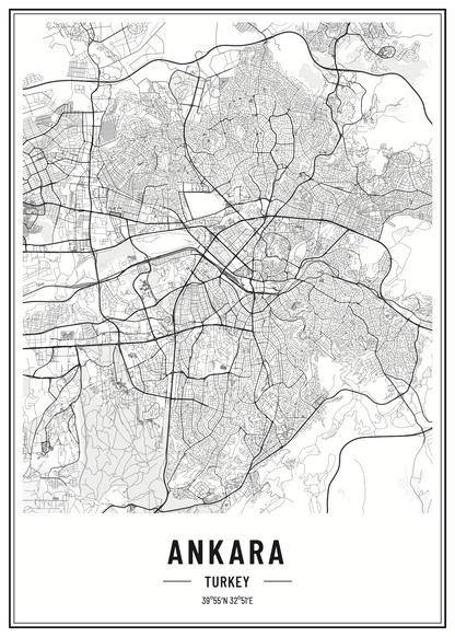 Ankara Şehir Haritası Posteri – Siyah Beyaz Minimal Tasarım
