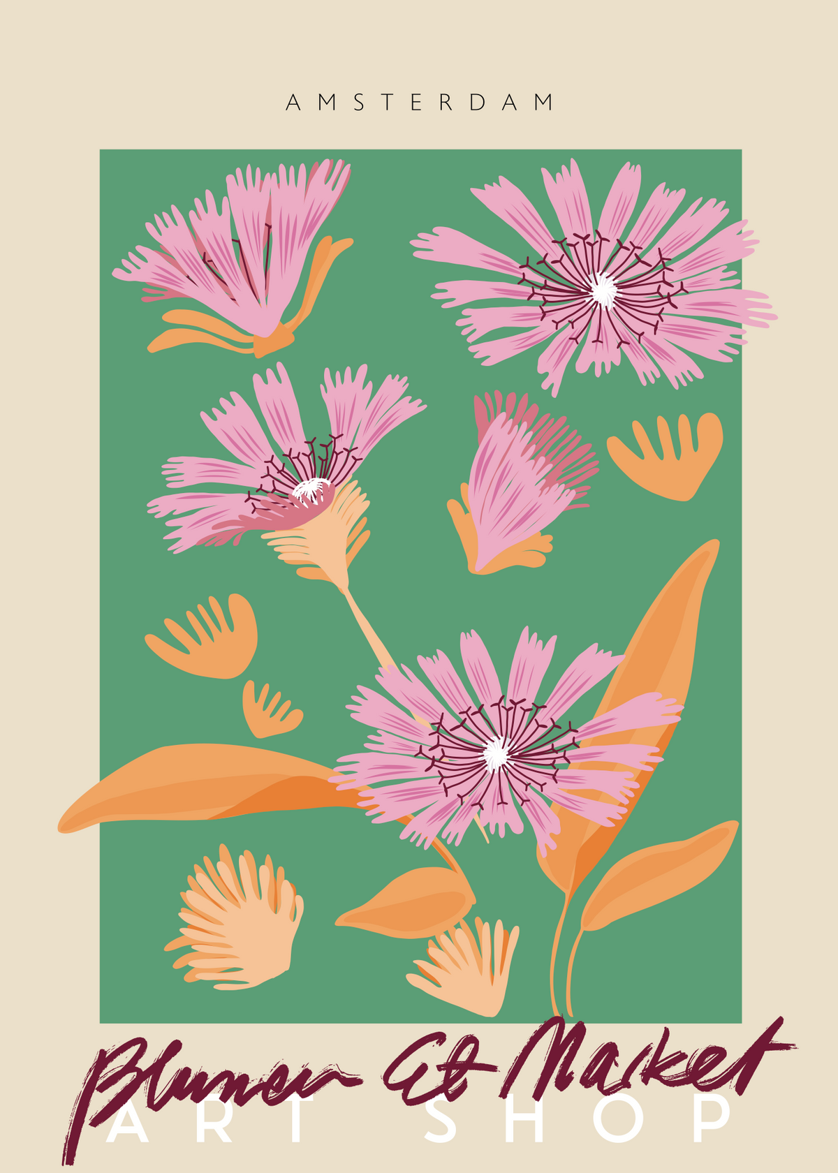 Amsterdam Blumen Et Market Poster | Yeşil Zeminli Canlı Çiçek İllüstrasyonu