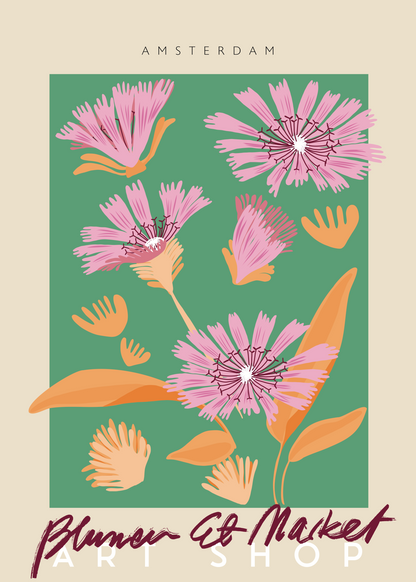 Amsterdam Blumen Et Market Poster | Yeşil Zeminli Canlı Çiçek İllüstrasyonu