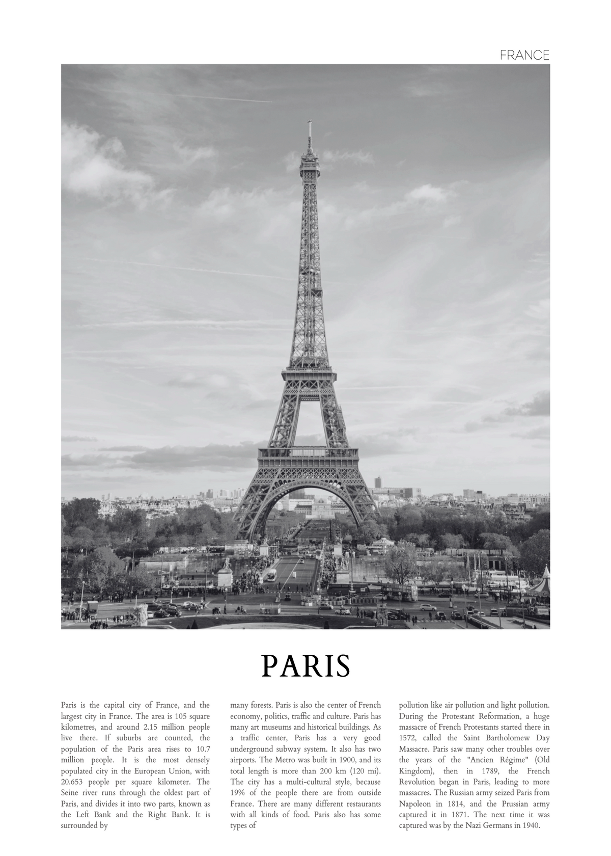 Paris ve Eyfel Kulesi Siyah Beyaz Şehir Poster Baskı