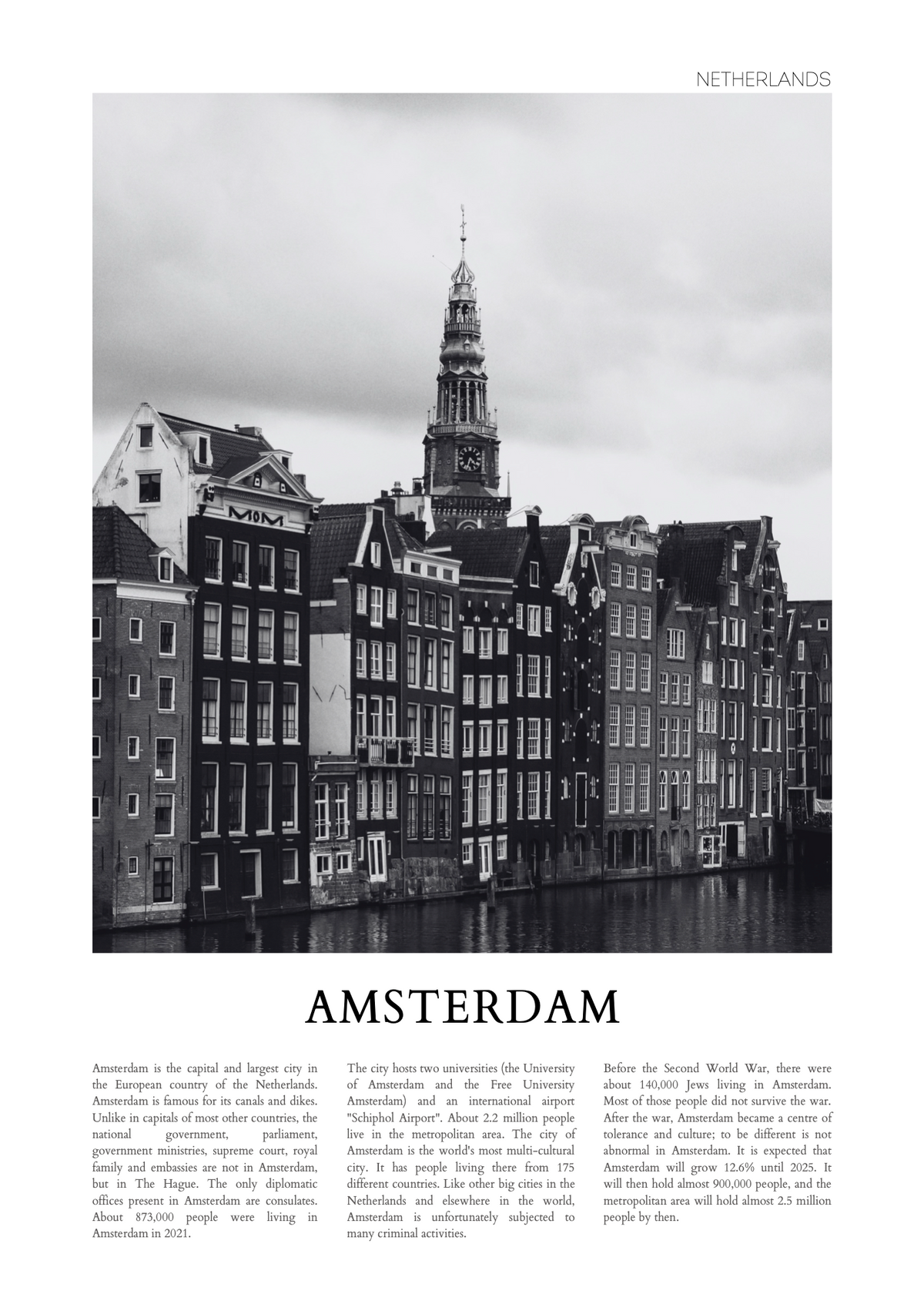 Amsterdam Şehir Posteri – Siyah Beyaz Fotoğraf Poster Baskı