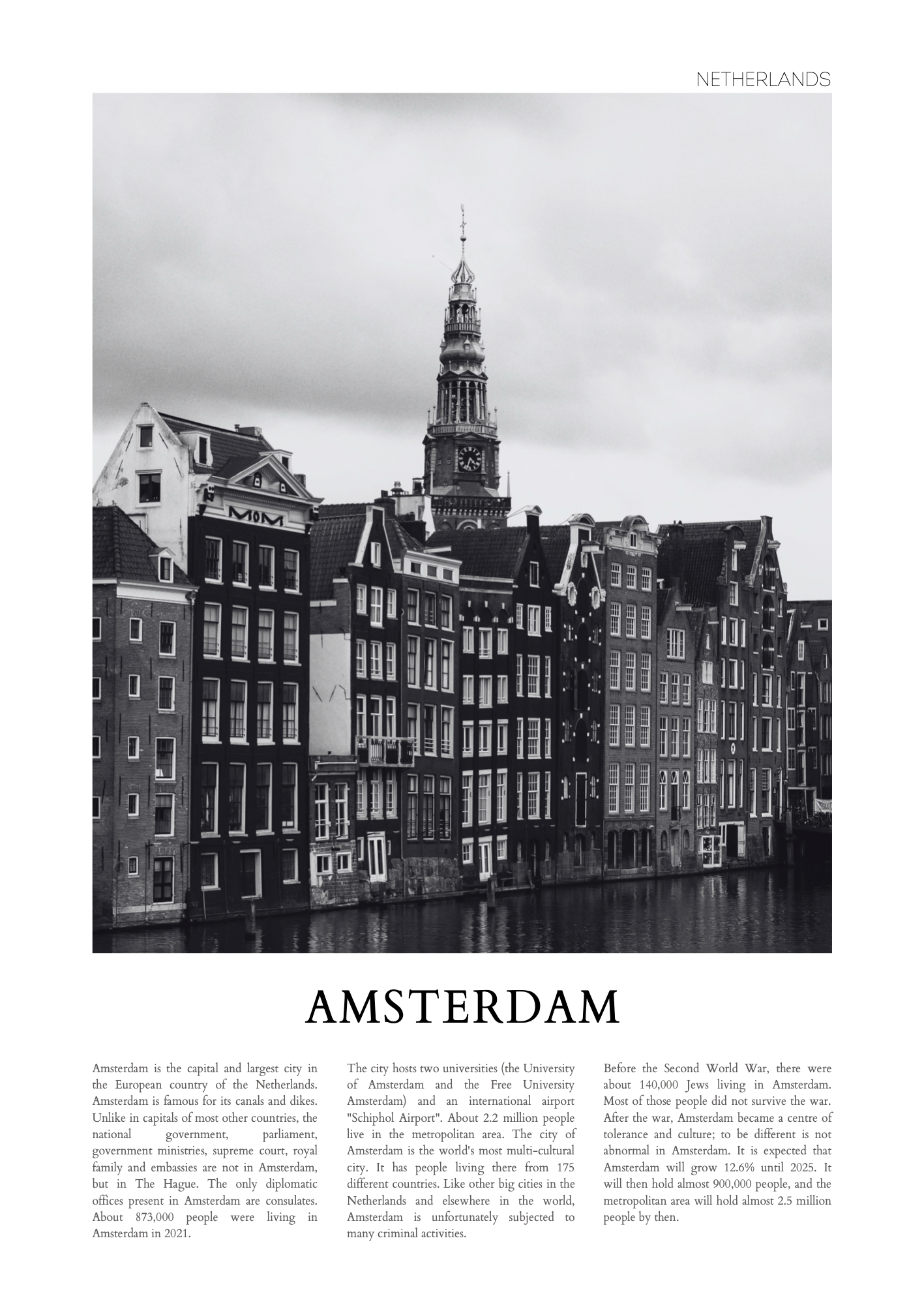 Amsterdam Şehir Posteri – Siyah Beyaz Fotoğraf Poster Baskı