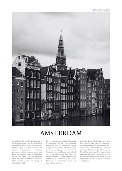 Amsterdam Şehir Posteri – Siyah Beyaz Fotoğraf Poster Baskı