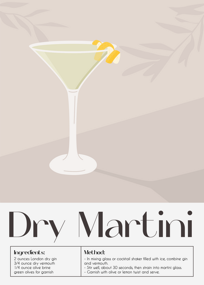 Dry Martini – Kokteyl Tarifi İllüstrasyonlu Poster Baskı