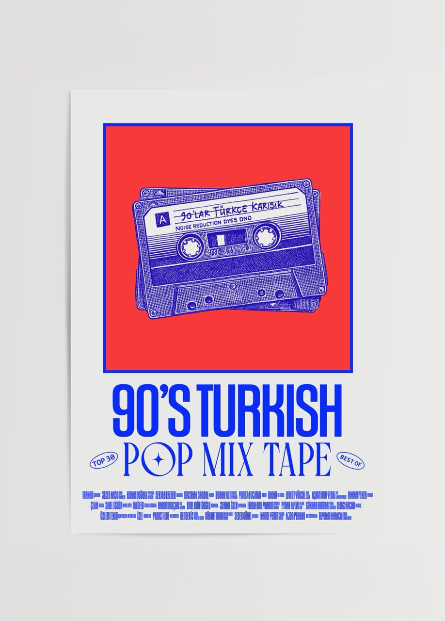Batuhan Erdoğan’ın 90’s Turkish Pop Mix Tape posteri, kırmızı zemin üzerinde kaset illüstrasyonu, retro müzik temalı modern poster.