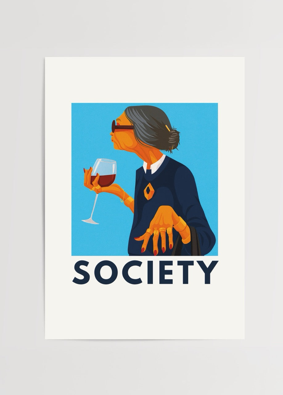 Elinde kırmızı şarap kadehi tutan şık kadın figürlü “Wine &amp; Wisdom” illüstrasyon posteri