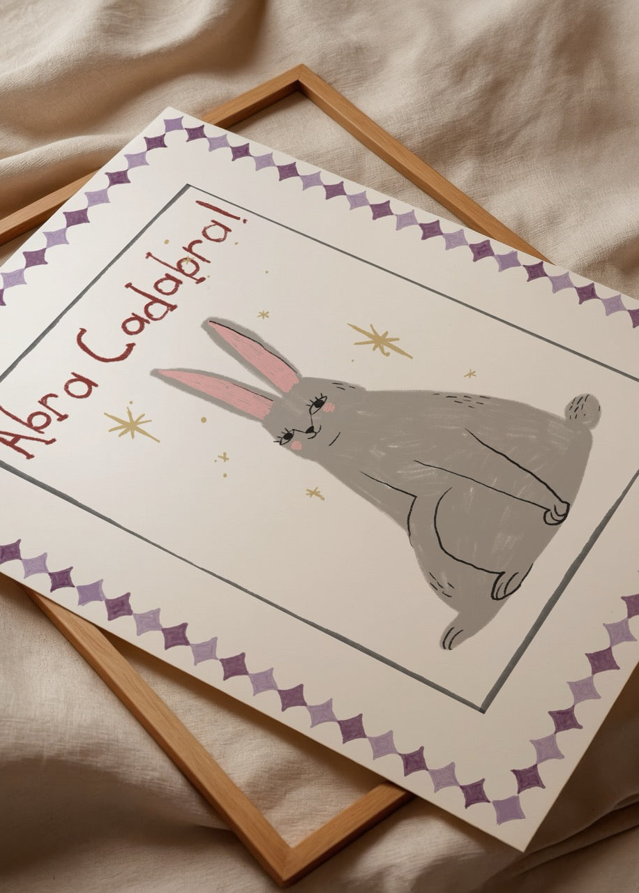 Nazlı Tarcan Abrakadabra Gri Tavşan masalsı tavşan illüstrasyonu poster baskı