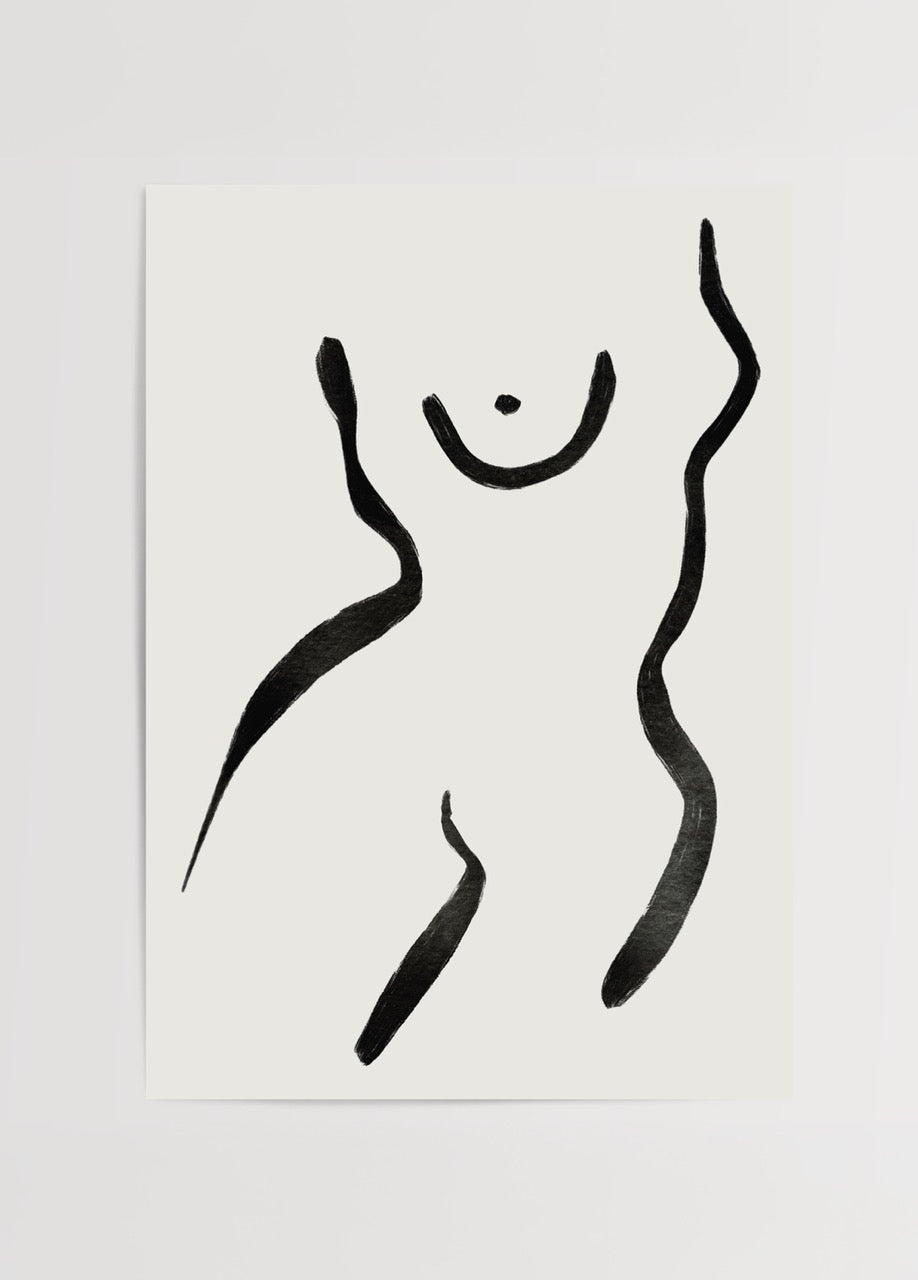 Minimal çizgilerle kadın bedenini betimleyen siyah beyaz modern illüstrasyon poster