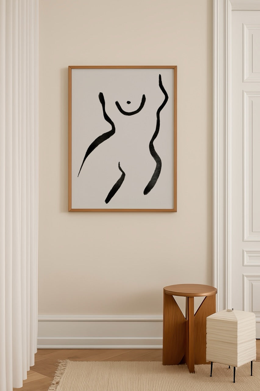Minimal çizgilerle kadın bedenini betimleyen siyah beyaz modern illüstrasyon poster