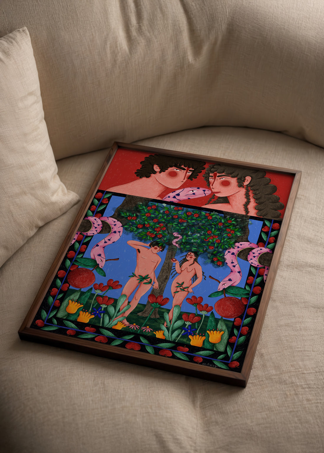 “Adam and Eve temalı, Elif Sezgin imzalı renkli mitolojik illüstrasyon poster.”