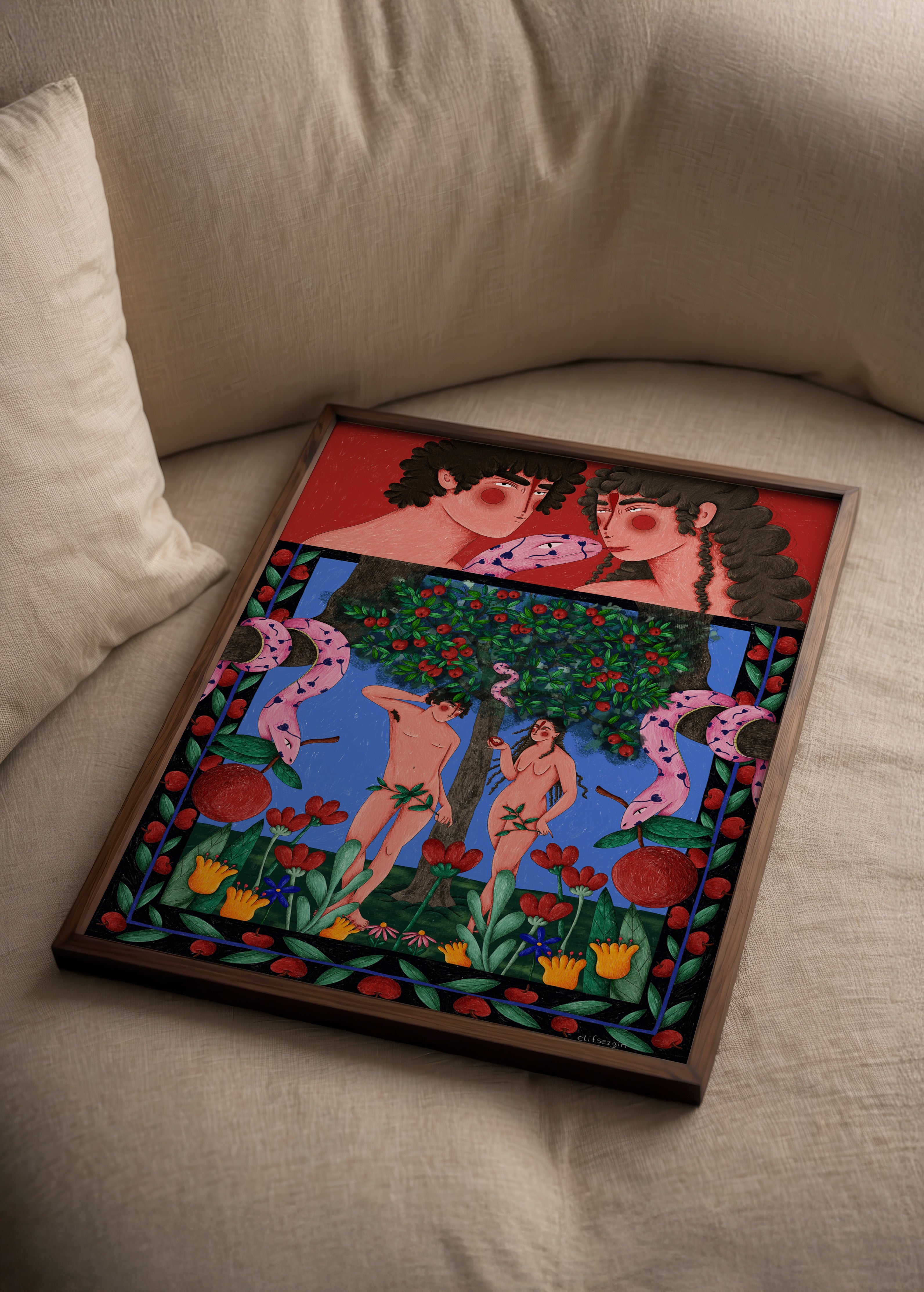 “Adam and Eve temalı, Elif Sezgin imzalı renkli mitolojik illüstrasyon poster.”