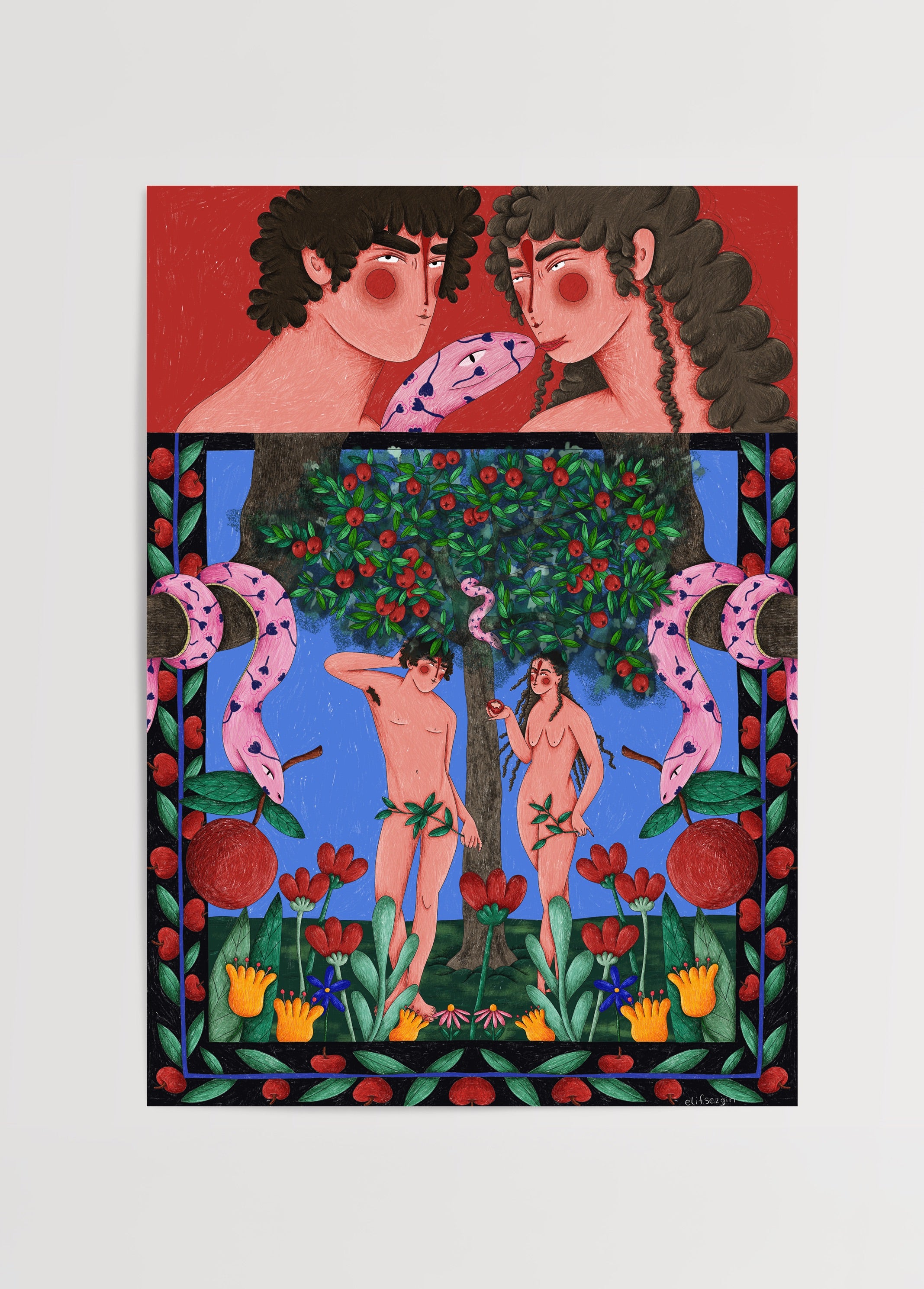 “Adam and Eve temalı, Elif Sezgin imzalı renkli mitolojik illüstrasyon poster.”