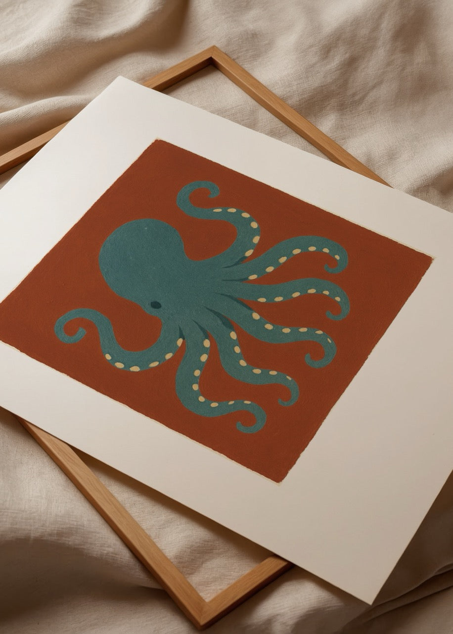Nida Büyük’ün Ahtapotun Düşü posteri, deniz temalı modern sanat eseri, mavi ahtapot illüstrasyonu.
