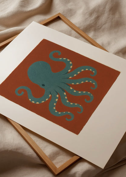Nida Büyük’ün Ahtapotun Düşü posteri, deniz temalı modern sanat eseri, mavi ahtapot illüstrasyonu.