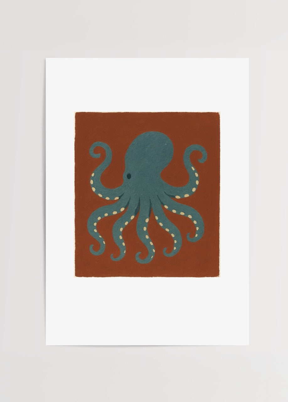 Nida Büyük’ün Ahtapotun Düşü posteri, deniz temalı modern sanat eseri, mavi ahtapot illüstrasyonu.