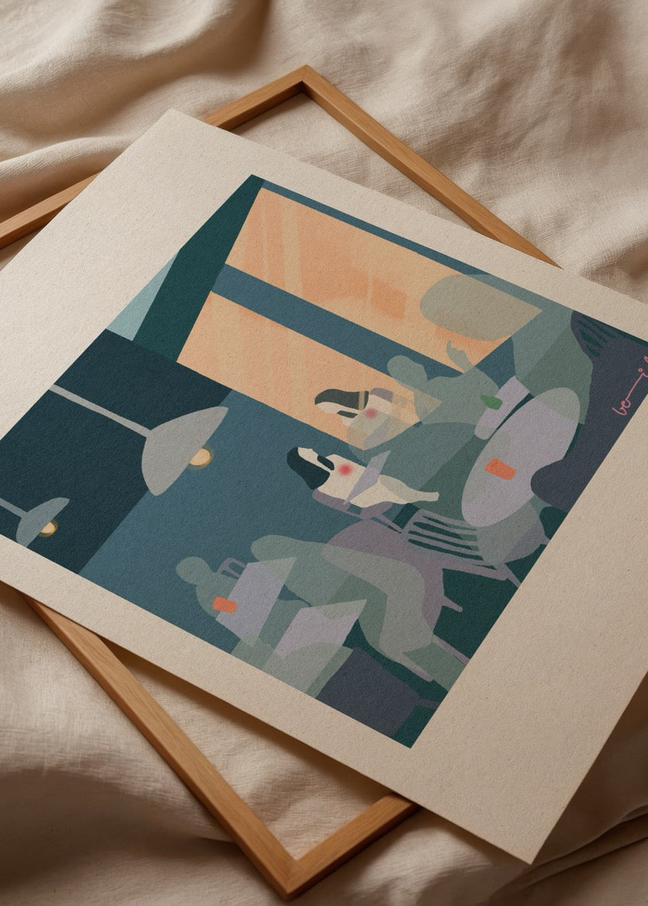 Kafede oturan figürlerle modern yalnızlık temasını anlatan çağdaş illüstrasyon poster