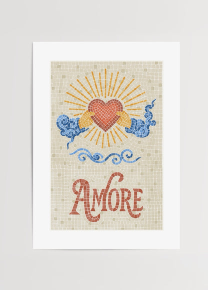 Thola Studio’nun Amore posteri, mozaik desen estetiğiyle kalp ve ışık sembolleriyle hazırlanmış aşk temalı poster baskı.
