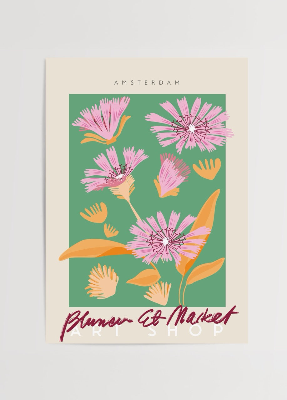 Yeşil zemin üzerinde pembe çiçekler ve turuncu yapraklardan oluşan Amsterdam Blumen Et Market posteri