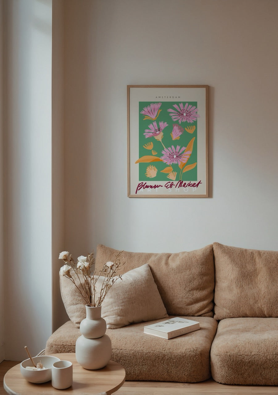 Yeşil zemin üzerinde pembe çiçekler ve turuncu yapraklardan oluşan Amsterdam Blumen Et Market posteri