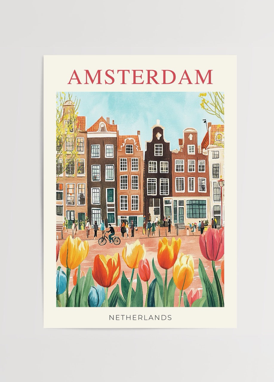 Amsterdam manzarasında tarihi evler ve renkli laleler ile suluboya tarzı poster

