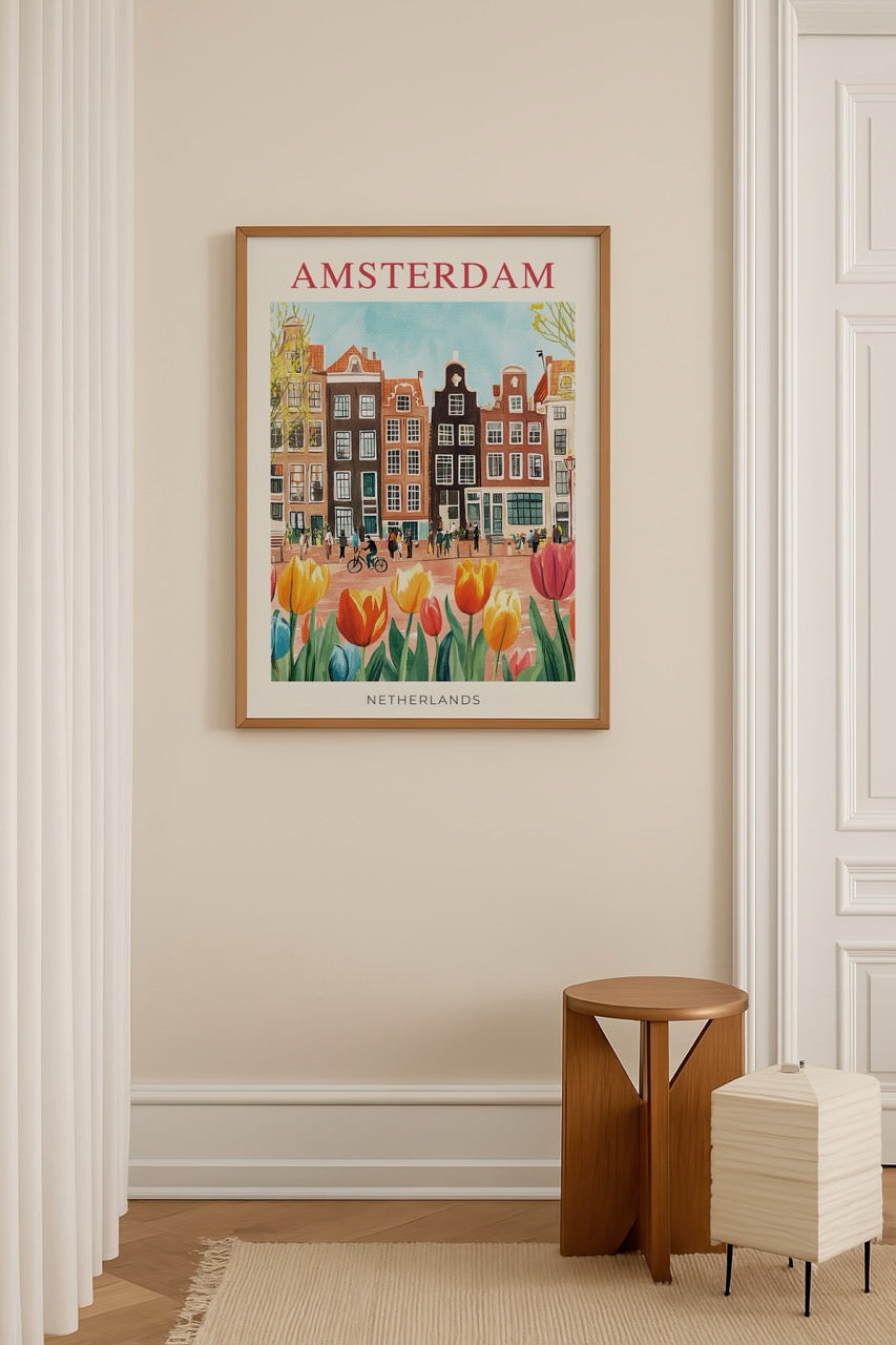 Amsterdam manzarasında tarihi evler ve renkli laleler ile suluboya tarzı poster
