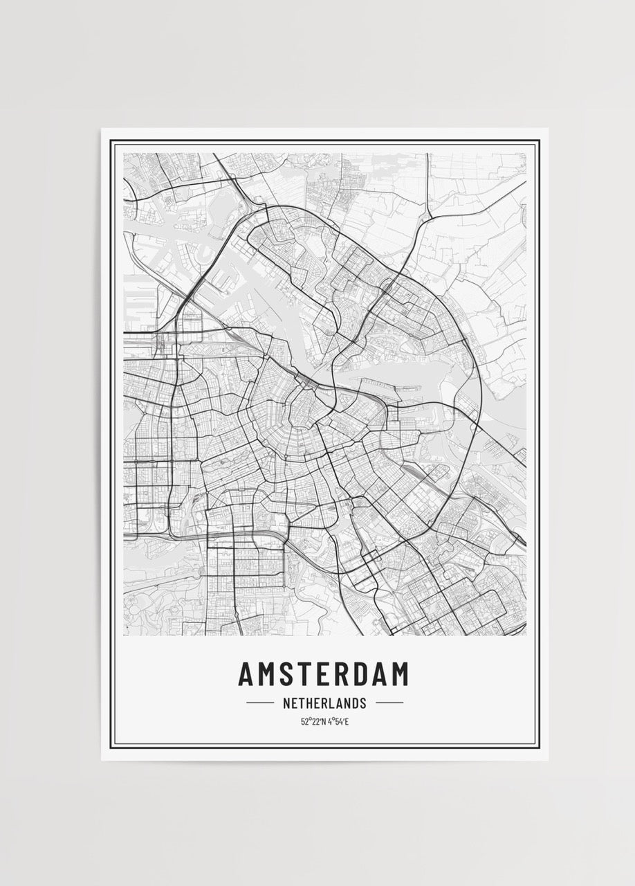 Siyah beyaz çizgisel Amsterdam şehir haritası posteri