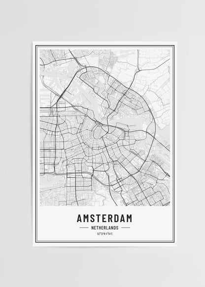 Siyah beyaz çizgisel Amsterdam şehir haritası posteri