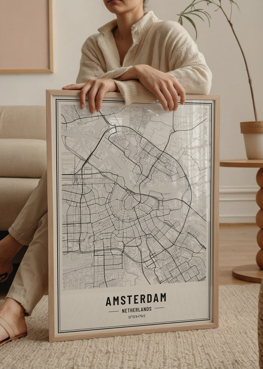 Siyah beyaz çizgisel Amsterdam şehir haritası posteri