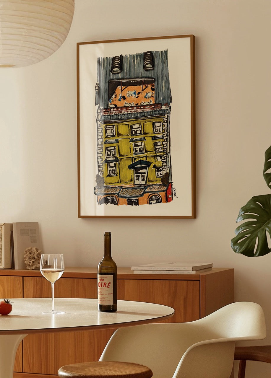 Avrupa apartmanı illüstrasyonlu nostaljik şehir temalı modern poster baskı