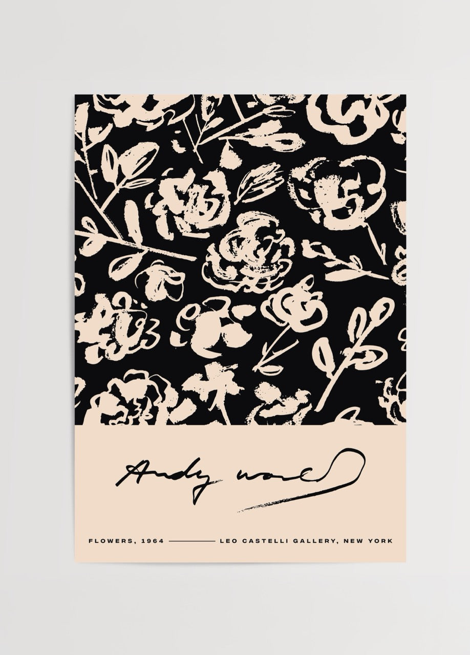 Andy Warhol Flowers 1964 eserinden ilham alan siyah zeminli çiçek desenli poster