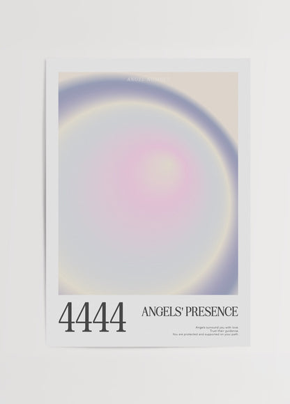Açık pastel tonlarda, ortasında pembe-sarı aura ve mor dış çember içeren 4444 melek sayılı poster tasarımı.