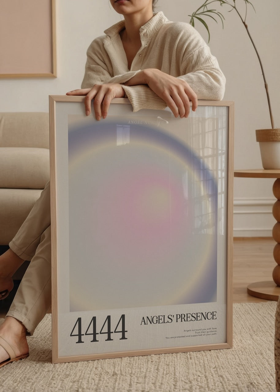 Açık pastel tonlarda, ortasında pembe-sarı aura ve mor dış çember içeren 4444 melek sayılı poster tasarımı.