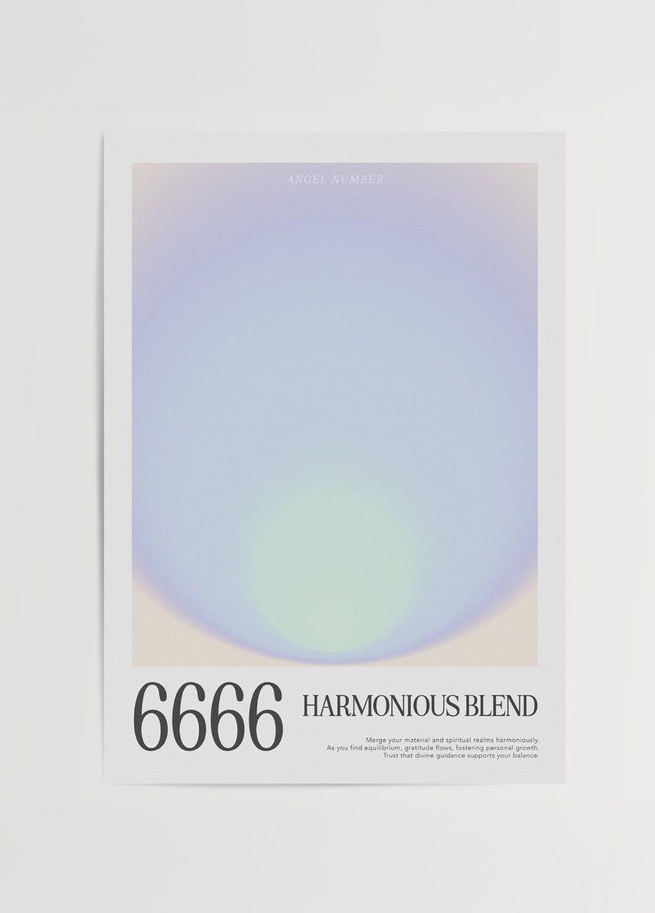 Aura gradyan geçişli, mavi ve yeşil tonlarında tasarlanmış 6666 melek sayılı denge temalı poster baskısı.