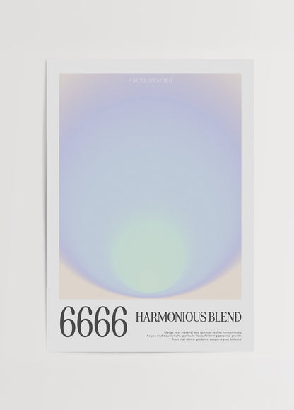Aura gradyan geçişli, mavi ve yeşil tonlarında tasarlanmış 6666 melek sayılı denge temalı poster baskısı.