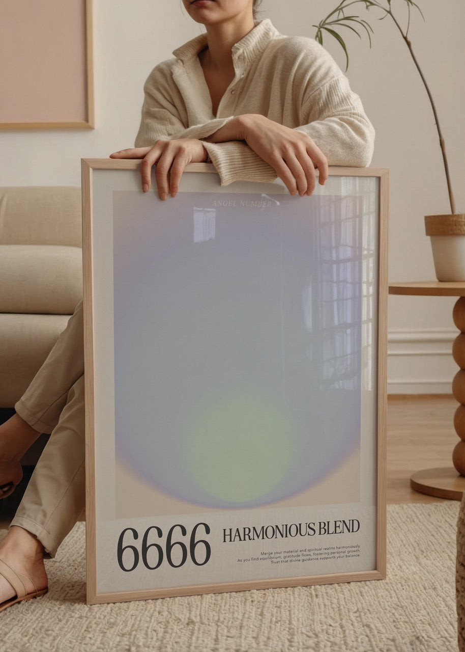 Aura gradyan geçişli, mavi ve yeşil tonlarında tasarlanmış 6666 melek sayılı denge temalı poster baskısı.