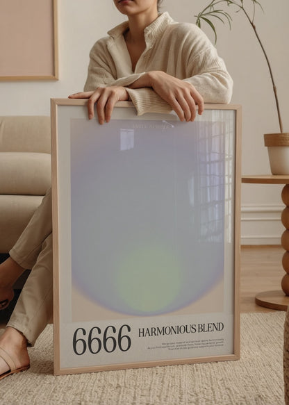 Aura gradyan geçişli, mavi ve yeşil tonlarında tasarlanmış 6666 melek sayılı denge temalı poster baskısı.