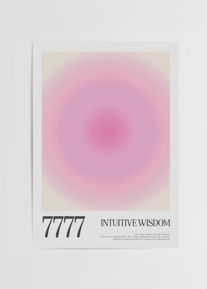 Pastel pembe ve mor tonlarında yumuşak gradyanla tasarlanmış 7777 melek sayılı sezgisel bilgelik temalı poster baskısı.