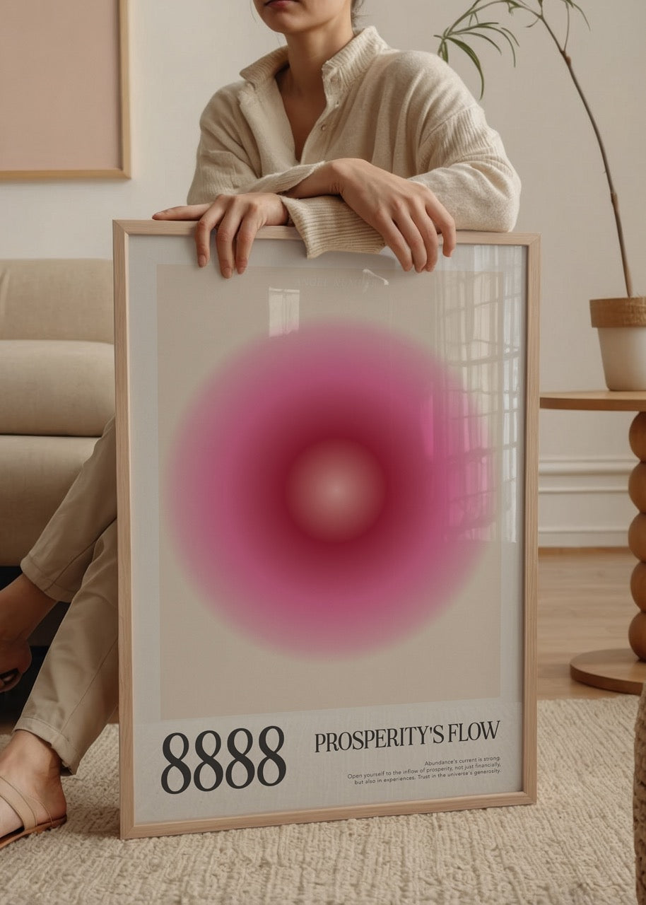 Krem rengi arka plan üzerinde merkezden dışa doğru yayılan pembe ve fuşya tonlarında dairesel gradyan tasarımlı, &quot;8888 Prosperity&