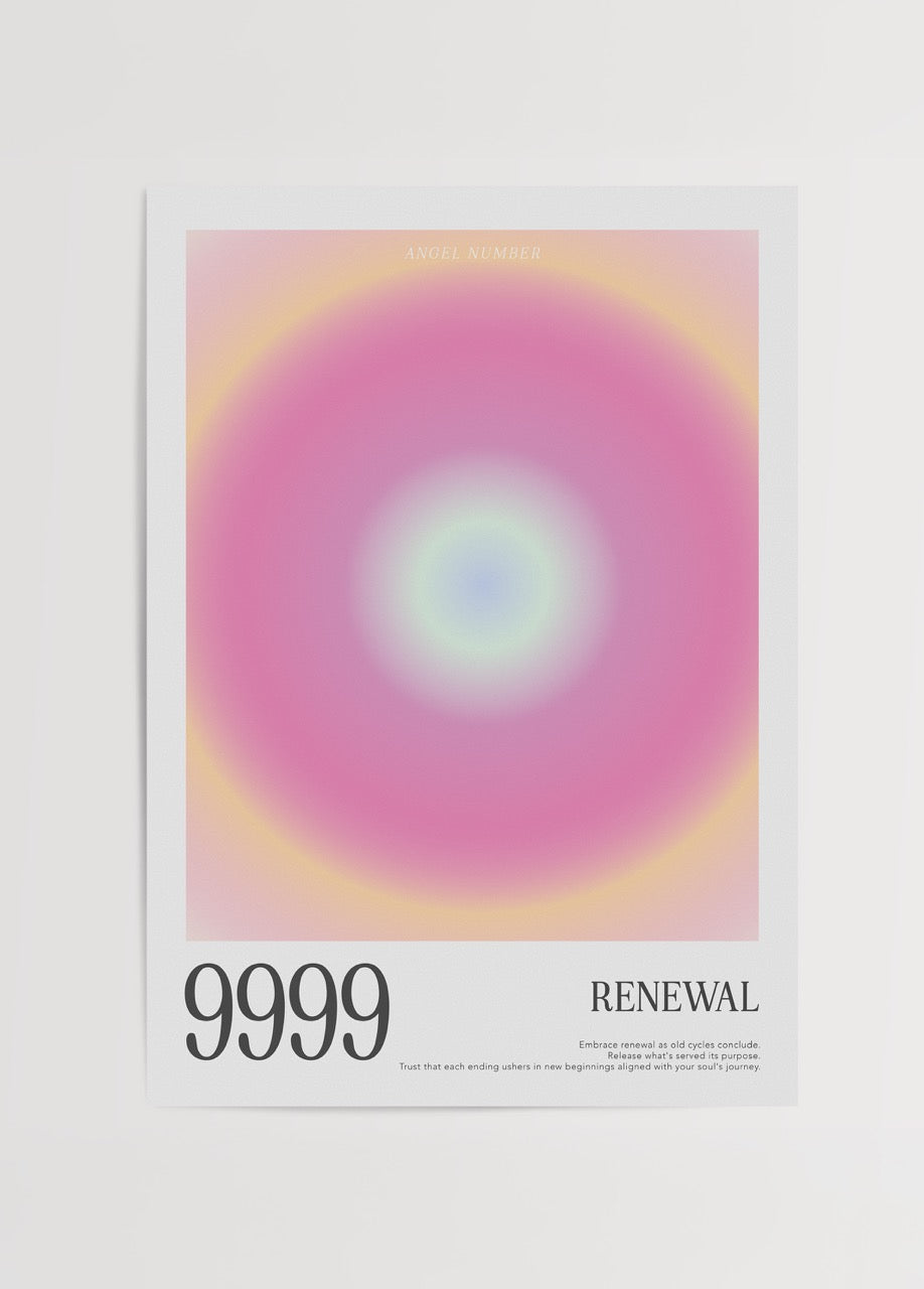 Ortası açık mavi, kenarlara doğru pembe, sarı ve mor tonlara dönüşen yumuşak geçişli dairesel bir gradyan ile &quot;9999 Renewal&quot; yazılı melek sayısı posteri.