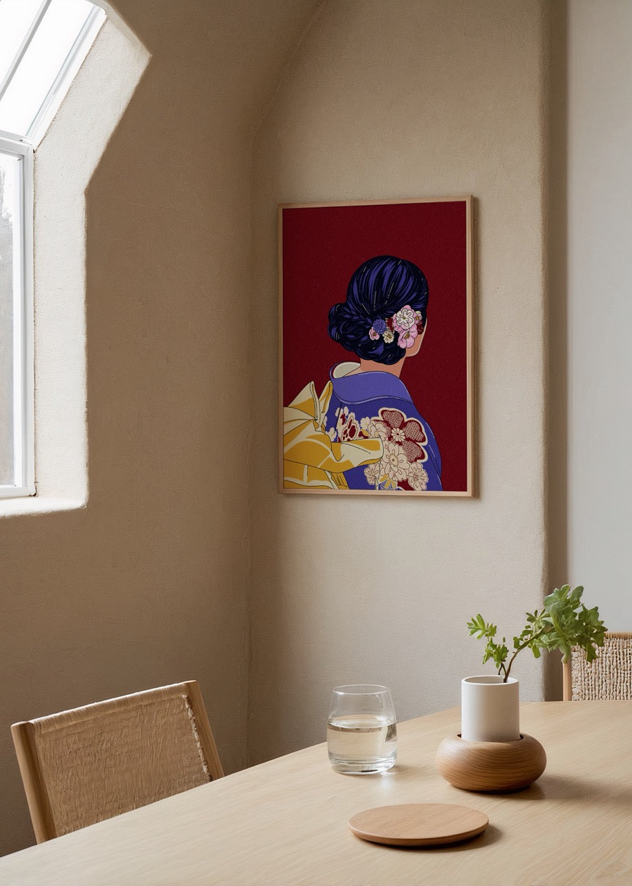 Geleneksel Japon kıyafeti giymiş kadın figürlü modern illüstrasyon posteri.